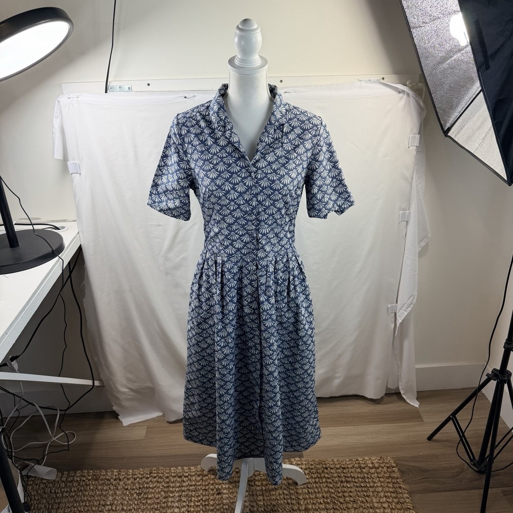 Seasalt Cornwall Blue & White  Print Organic Cotton Button Up Dress US 10